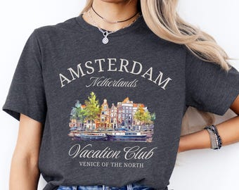 Maglietta turistica di Amsterdam / Maglietta girocollo Paesi Bassi / Pullover da viaggio Olanda / Maglietta grafica con città olandese / Regalo per un viaggio ad Amsterdam / Maglietta per le vacanze