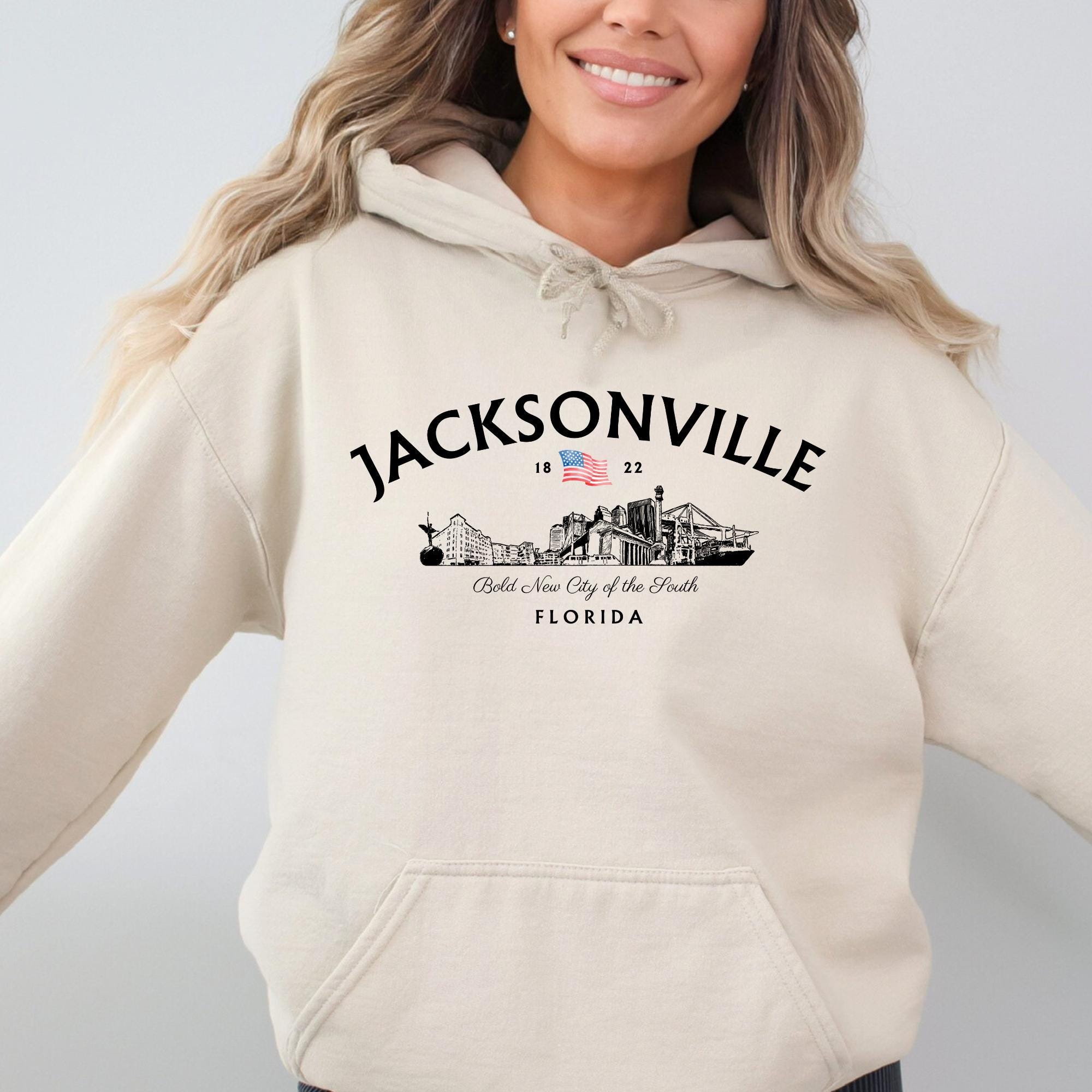 Jacksonville City Sketch Hoodie, GD18500 Pullover, Vintage Skyline