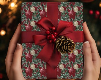 Red Christmas Baubles Gift Wrap Paper, Watercolor Ornaments & Holly Wrapping Sheets, Festive Holiday Gift Wrap, Classic Christmas Paper