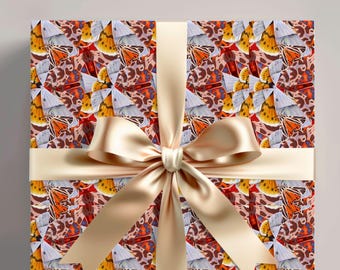 Butterfly Motif Gift Wrap, Boho Animal Wrapping Paper, Nature Inspired Gift Paper Roll, Boho Gift Wrap for Spring, Insect Paper Gift Wrap