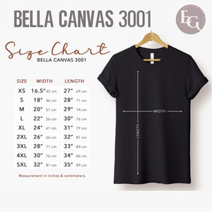 May include: Size chart for Bella Canvas 3001 t-shirts, showing measurements in inches and centimeters for sizes XS to 5XL. The chart includes width and length measurements for each size.