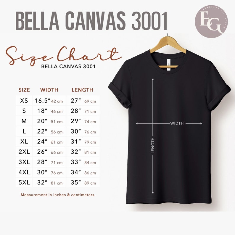 May include: Size chart for Bella Canvas 3001 t-shirts, showing measurements in inches and centimeters for sizes XS to 5XL. The chart includes width and length measurements for each size.