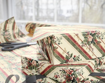 Vintage Christmas Wrapping Paper, Victorian Floral Gift Wrap, Red Green Striped Christmas Paper, Antique Holiday Wrapping Paper