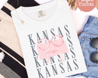 Chemise couleurs confort Kansas, t-shirt carte avec noeud du Kansas, chemise fierté de l'État du Midwest, cadeau de voyage au Kansas