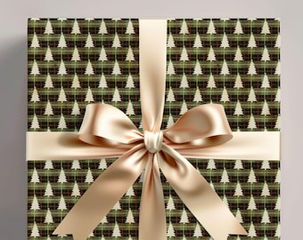 May include: A present wrapped in patterned paper with a Christmas theme. The paper has a repeating pattern of white fir trees on a green and black plaid background. A light gold ribbon and bow are tied around the gift.