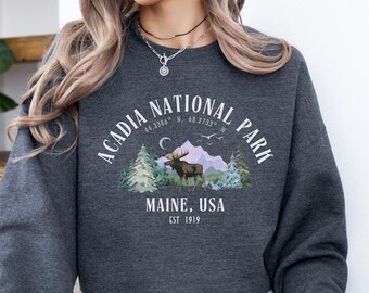 Acadia National Park Retro Sweatshirt, Unisex Vintage Mountain Hiking Shirt, Maine Travel Gift for Granola Girl Camper, Wildlife Sweatshirt