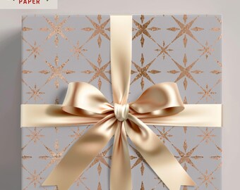 Luxury Metallic Christmas Gift Wrapping Paper Roll | Rose Gold Festive Snowflake Wrap | Glittery Christmas Gift Wrap | Holiday Gift Paper