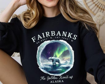 Fairbanks Alaska Sweatshirt, Alaska Crewneck Travel Shirt, Aurora Borealis Mountain Pullover, Alaska Cruise Souvenir Gift