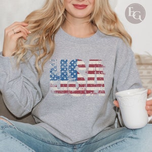 Moletom com bandeira dos EUA – pulôver vintage retrô patriótico com gola redonda, suéter universitário perfeito e aconchegante para o Dia da Independência, 4 de julho, Memorial Day