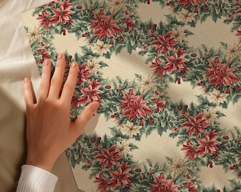 Vintage Christmas Wrapping Paper, Poinsettia Gift Wrap, Victorian Christmas Paper, Holly Berry Gift Wrap, Traditional Holiday Wrapping