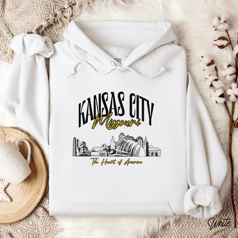 Retro oversized Kansas City skyline Hoodie with vintage cityscape design. Unisex hooded sweatshirt perfect for Kansas City fans and Missouri State lovers. Unique varsity-style Kansas City fan shirt with bold city skyline graphic.