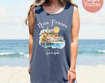 Nice France Watercolor Tank Top, French Riviera Sleeveless Shirt, Coastal Vacation Apparel