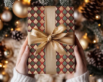 Retro Art Deco Christmas Wrapping Paper | Diamond Fan Pattern | Holiday Gift Wrap Roll | Elegant Green Red Gold Christmas Gift Wrap Paper