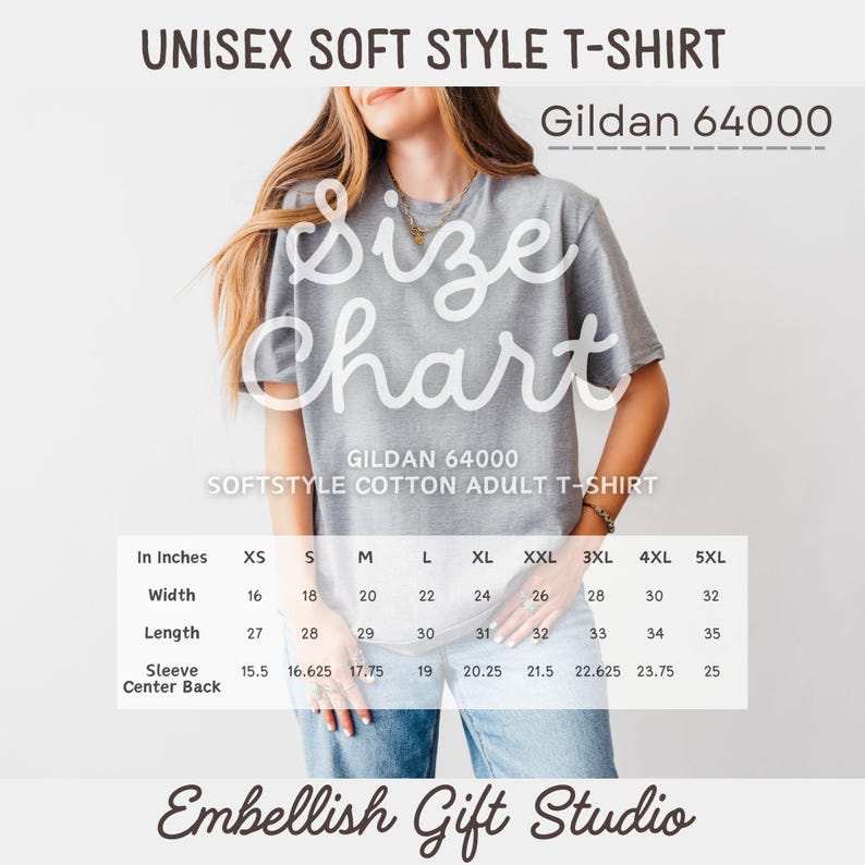 May include: A gray unisex soft-style t-shirt with a size chart overlay. The chart displays measurements in inches for width, length, and sleeve center back for sizes XS to 5XL. The shirt is a Gildan 64000 Softstyle Cotton Adult T-shirt.