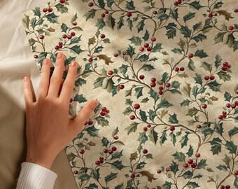 Vintage Holly Wrapping Paper, Christmas Holly Berry Gift Wrap, Victorian Christmas Wrapping Paper, Antique Botanical Holiday Paper