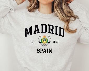 Madrid Coat of Arms Sweatshirt, Collegiate Spain Crewneck, Preppy Spanish Pullover, Madrid Travel Gift, Gildan 18000