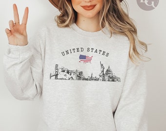 Sudadera de Estados Unidos, sudadera con cuello redondo gráfico de boceto de la ciudad de EE. UU., sudadera con capucha del 4 de julio, sudadera americana, camisa del orgullo de EE. UU.
