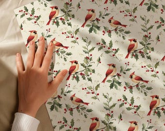 Cardinal Christmas Wrapping Paper, Red Cardinal Gift Wrap, Holly Berry Christmas Paper, Vintage Bird Holiday Wrapping Paper