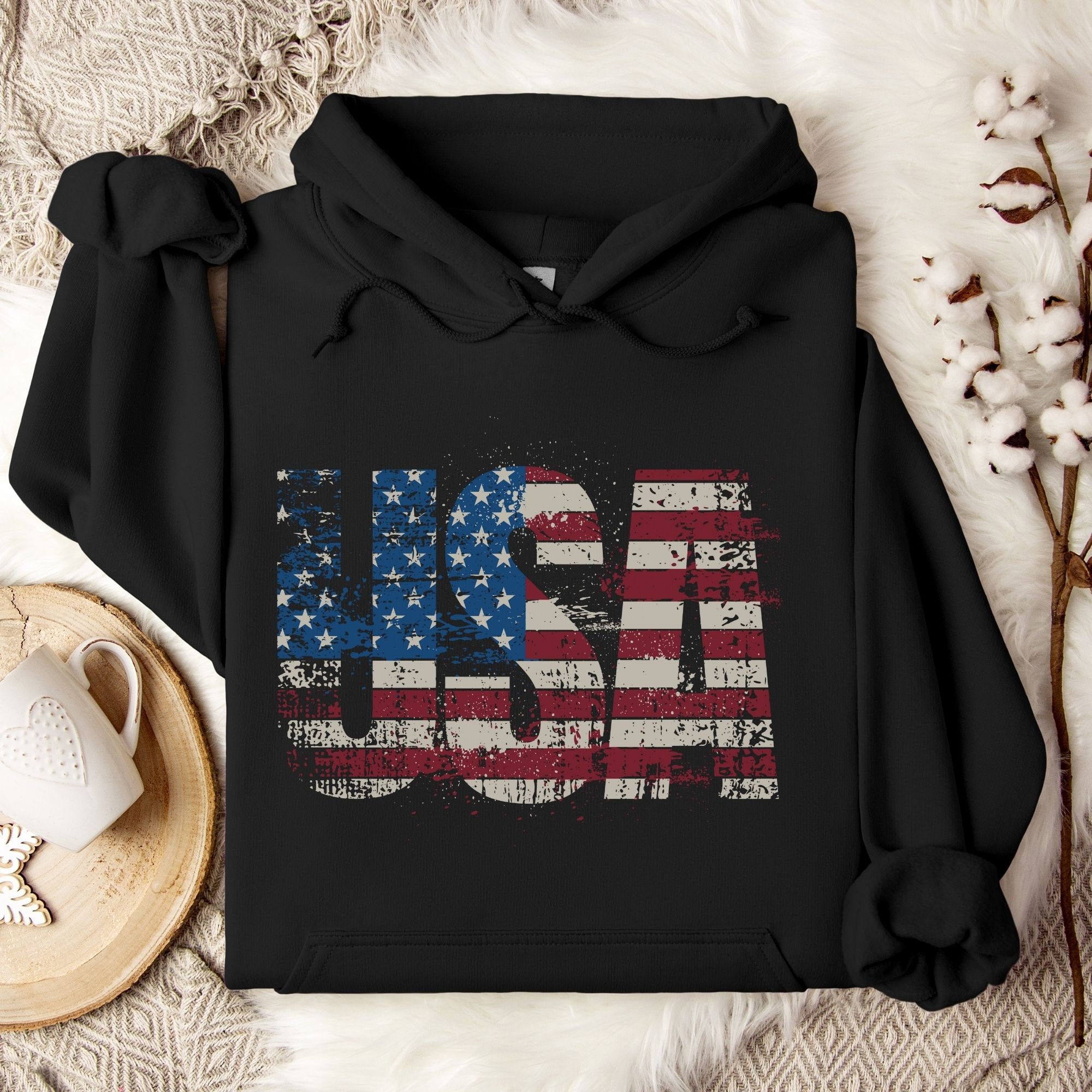 American Flag Hoodie - Vintage Distressed USA Flag Pullover