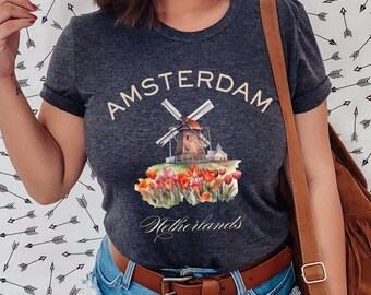 Maglietta turistica di Amsterdam / Maglietta girocollo Paesi Bassi / Pullover da viaggio in Olanda, maglietta della città olandese / Regalo per un viaggio ad Amsterdam / Maglietta per le vacanze in Europa