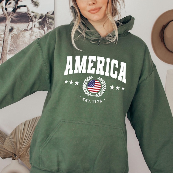 Preppy USA College Hoodie, Patriotic American Flag Pullover