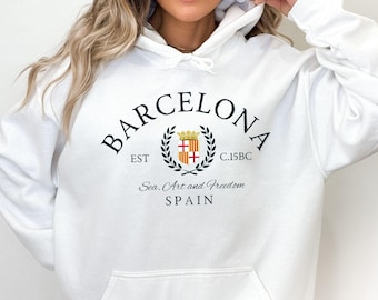 Barcelona Spain Hoodie, Barcelona Coat of Arms Sweatshirt, Spanish Travel Gift, Gildan 18500 Pullover, Barcelona Souvenir