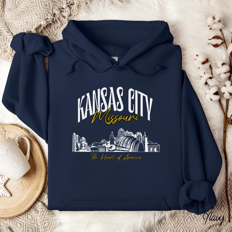Retro oversized Kansas City skyline Hoodie with vintage cityscape design. Unisex hooded sweatshirt perfect for Kansas City fans and Missouri State lovers. Unique varsity-style Kansas City fan shirt with bold city skyline graphic.