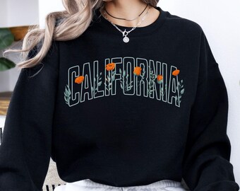California Poppy Crewneck Sweatshirt - Oversized Floral Sweater - Golden Poppy  California Sweatshirt - Modern Varsity Floral Design