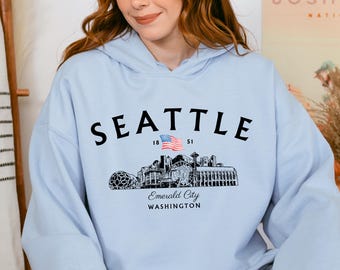 Seattle City Sketch Hoodie, Minimalist Seattle Skyline Sweatshirt, Seattle Travel Gift, Unisex Gildan 18500 Hoodie, Hometown Roots Pullover