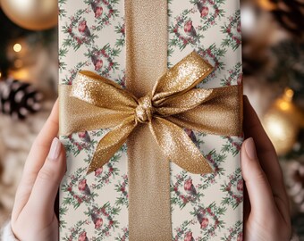 Robin Bird Christmas Gift Wrap Paper, Watercolor Winter Greenery Wrapping Sheets, Cottagecore Holiday Wrap, Red Berry Floral Gift Paper