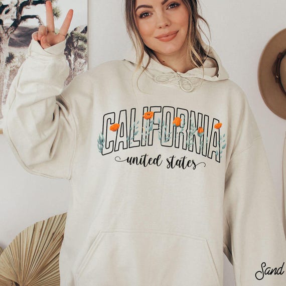 California Poppy Hooded Sweatshirt, Floral Varsity Hoodie, Preppy