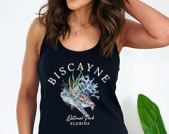 Camiseta sin mangas del Parque Nacional Biscayne, camiseta sin mangas estilo nadador con tortuga marina, camiseta sin mangas de playa de Florida, regalo para amantes del océano, camiseta sin mangas de vida marina, camiseta de vacaciones en la playa,