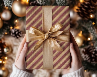 Papel de regalo navideño con rayas doradas, papel de regalo navideño color burdeos, elegante envoltorio de invierno, papel de regalo navideño clásico