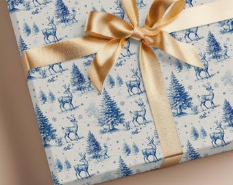 Blue Christmas Toile Gift Wrap, Winter Deer & Pine Tree Wrapping Paper, Vintage Holiday Toile Pattern, Elegant Christmas Gift Wrap Paper