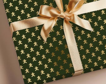 Groen gouden peperkoek cadeaupapier, inpakpapier kerstkoekje, feestelijk vakantiepatroon, schattig peperkoekontwerp, premium kerstcadeaupapier