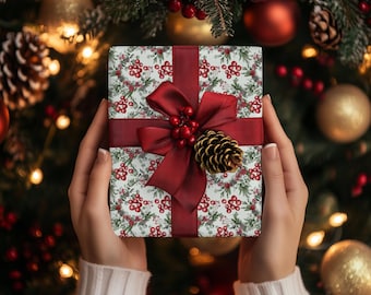 Papel de regalo con bayas navideñas y eucalipto, hojas de acuarela para envolver regalos navideños, papel de regalo con piñas, papel de regalo con flores de frutos rojos.