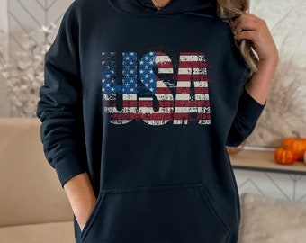 Sudadera con capucha con bandera estadounidense: jersey vintage desgastado con la bandera de EE. UU., suéter patriótico unisex perfecto para las celebraciones del 4 de julio del Día de la Independencia