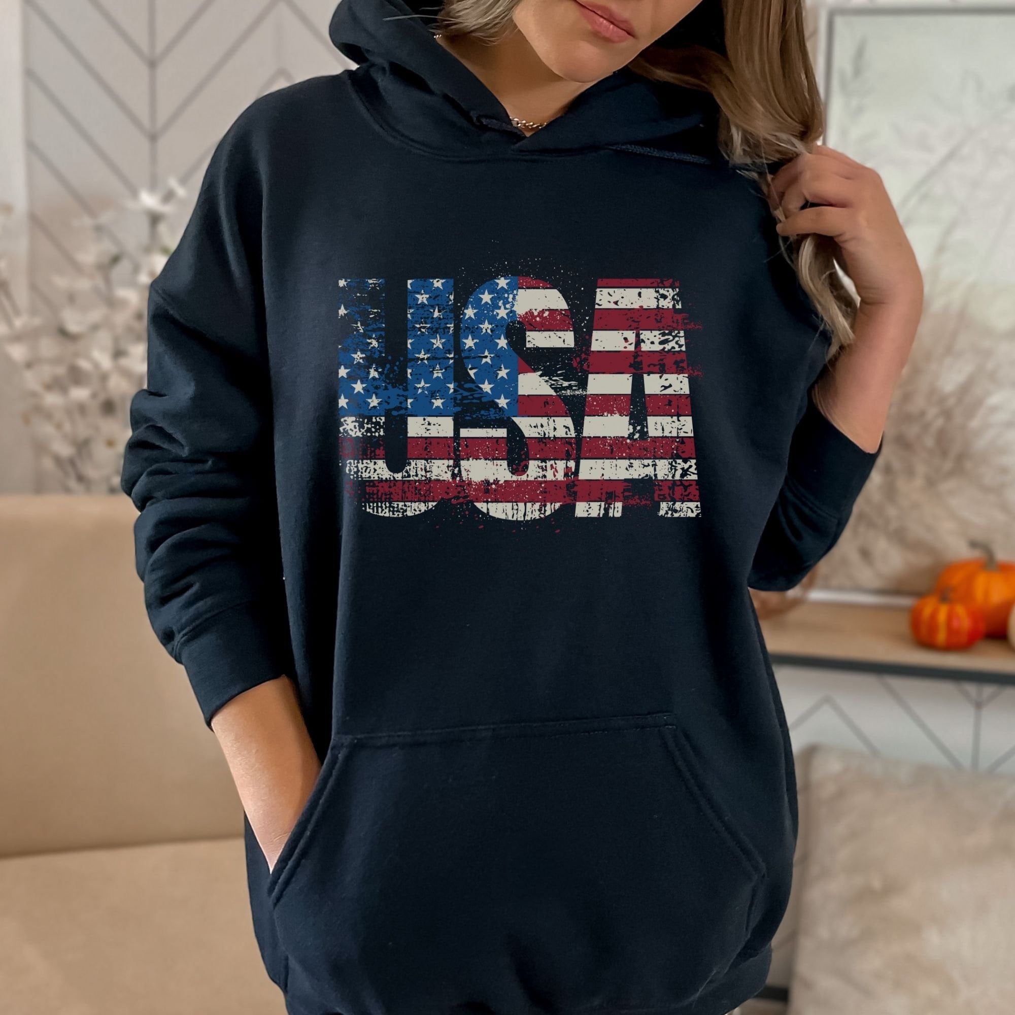 American Flag Hoodie - Vintage Distressed USA Flag Pullover