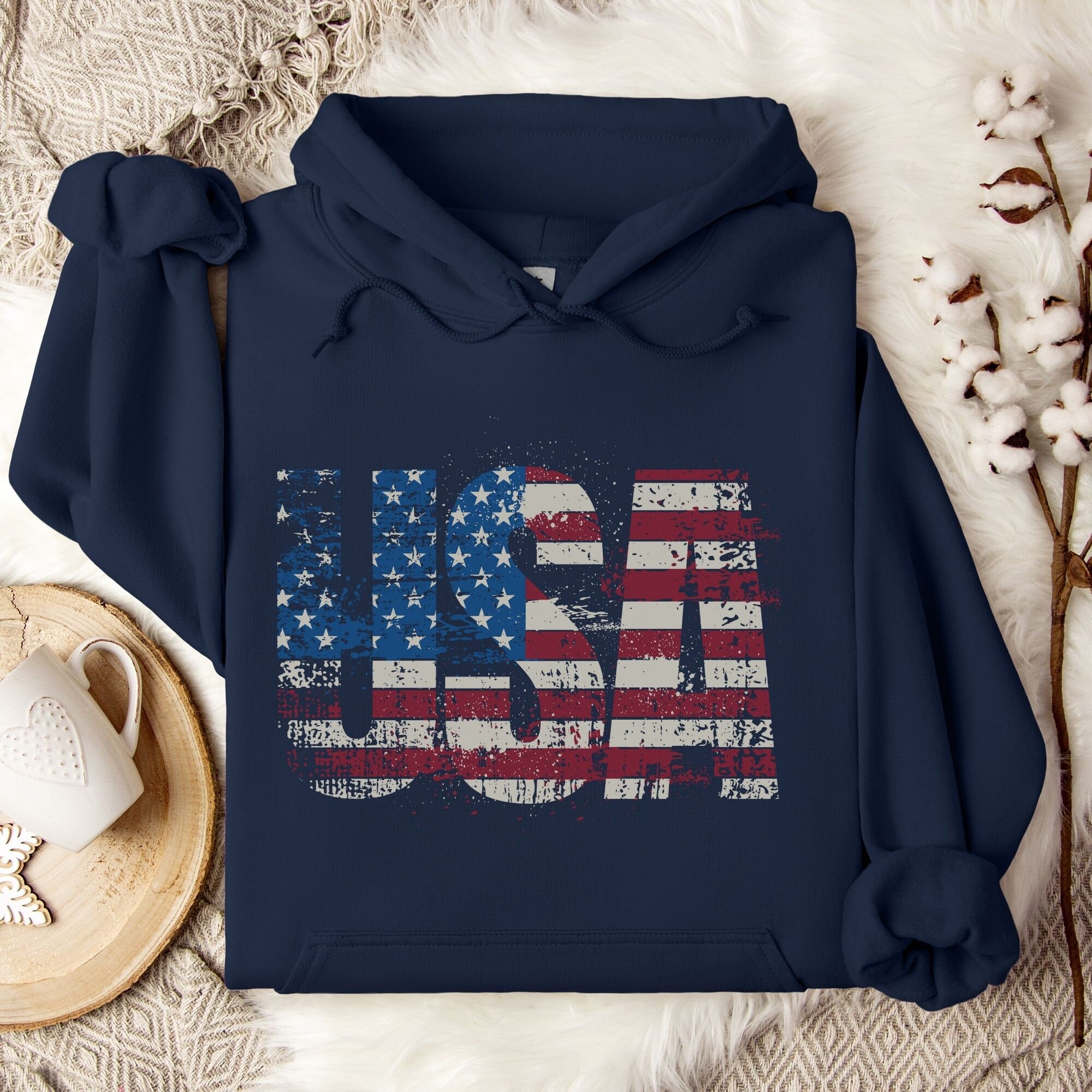American Flag Hoodie - Vintage Distressed USA Flag Pullover