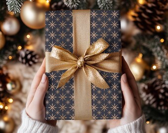 Papel de regalo con estrellas en oro rosa, hojas de papel de regalo metalizado moderno, papel de regalo navideño de lujo con estrellas, elegante papel de regalo navideño