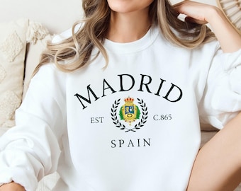 Madrid Spain Sweatshirt, Madrid Coat of Arms Crewneck, Spanish Heritage Gift, Spain Travel Souvenir, Gildan 18000 Pullover