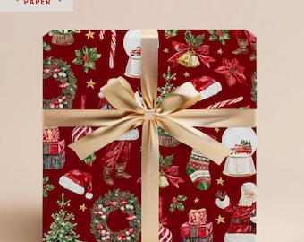 May include: A wrapped present with red Christmas wrapping paper decorated with festive illustrations of Santa, snow globes, and wreaths. The gift is tied with a gold ribbon and bow. The words "Gift Wrapping Paper" are in the top left corner.