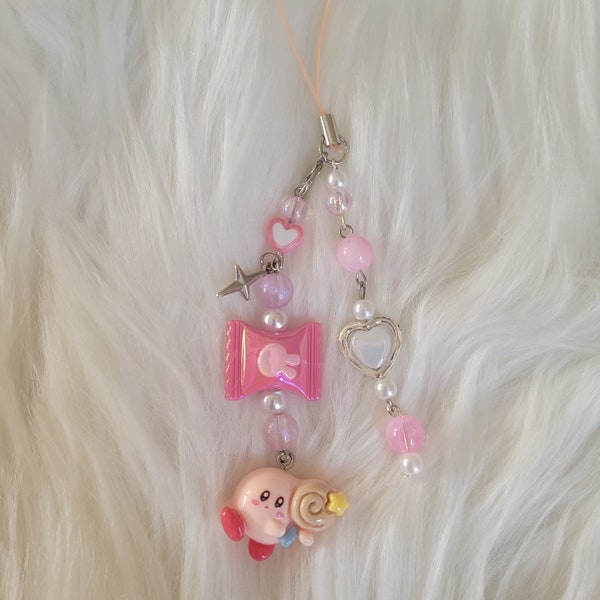 Joli porte-clés Kirby Lolipop pour téléphone portable fait main | Accessoire mignon | Charm pendentif | Charm perle | Cadeau kawaii