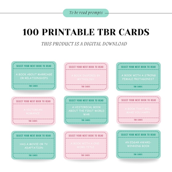 Printable TBR cards,Printable TBR Jar Reading Prompts,To be read prompts,Reading Challenge,Pastel Colored Unique Reading Prompts,TBR game