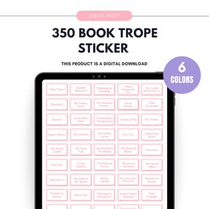 Op de afbeelding: Een digitale download van 350 boek trope stickers in zes kleuren. De stickers zijn roze met witte tekst en een witte rand. De stickers zijn gerangschikt in een raster op een tabletscherm.