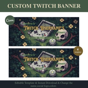 May include: A custom Twitch banner template with a green and brown color scheme. The design includes a pixelated video game controller, skull, and text that reads "Welcome to Twitch USERNAME'S Stream". The banner is a Canva template.