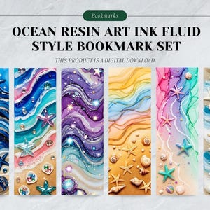 May include: A set of 25 digital download bookmarks featuring ocean resin art ink fluid styles. The designs display swirling blue, purple, pink, and gold waves, starfish, seashells, and sparkling accents on a light marble-textured background.