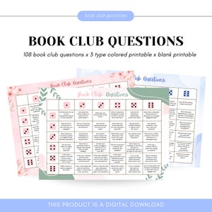 Questions imprimables de discussion d'un club de lecture, Jeu de lecture coloré, Jolies cartes pastel du club de lecture, Défi de lecture rose, Cadeau livresque