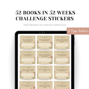May include: A digital download of 16 printable book club stickers with a floral design. The stickers feature prompts for book club reading challenges, such as "Choose a title that focuses on environmental themes or climate change" and "Read a book set during World War II or another significant historical event".