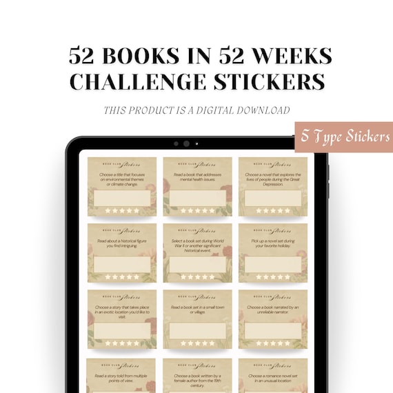52 Books in 52 Weeks Challenge Stickers: Vintage Floral Reading Prompts (PDF+PNG)